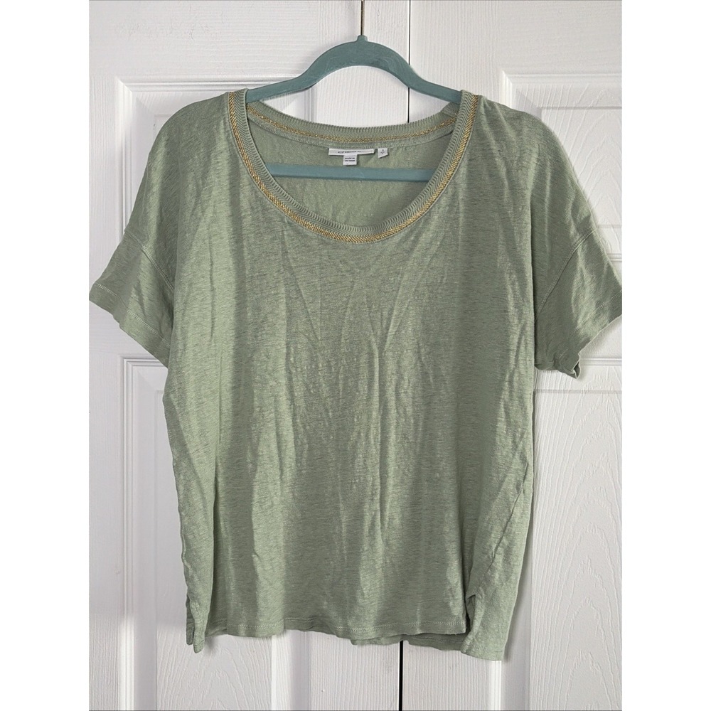 Chico's Short Sleeve Linen Tee Womens Size L Sage Green Gold Trim Slub Knit